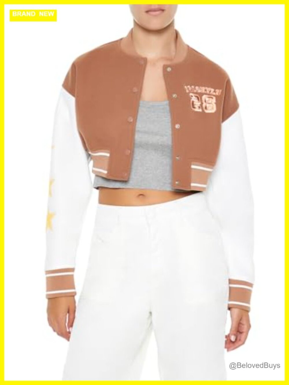 Cropped Varsity Letterman Bomber Jacket Striped Trim Patches